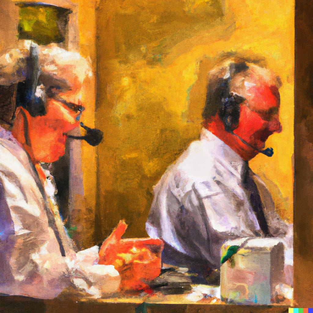 Oil painting style showing two simultaneous interpreters working in a soundproof booth