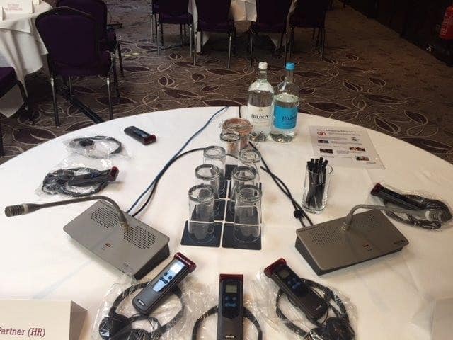 Microphones and delegate interpretation receivers. Ready for Interpretation for European Works Council's and other conferences and meetings